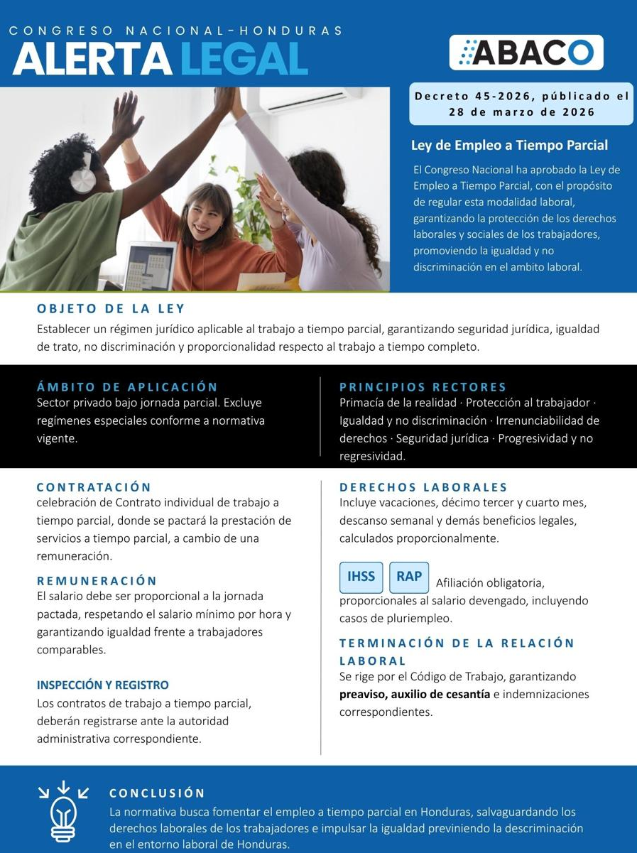 TAXALERTS2sq ABACO Internacional comparte información sobre el régimen jurídico aplicable al empleo a tiempo parcial en Honduras.