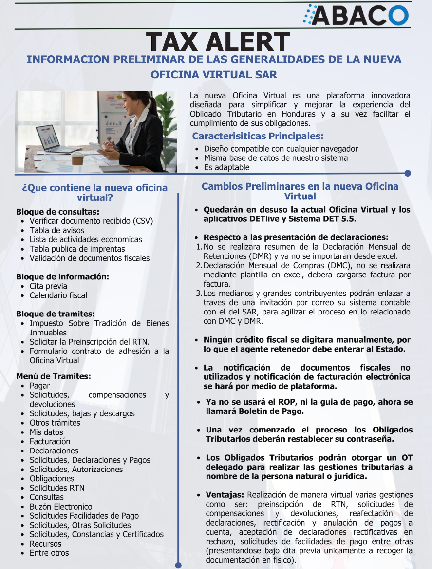 Tax Alert de ABACO Internacional sobre la nueva Oficina Virtual SAR en Honduras